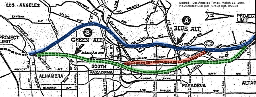 1964 Map of Blue, Green, Red Routes from LA Times via ARG